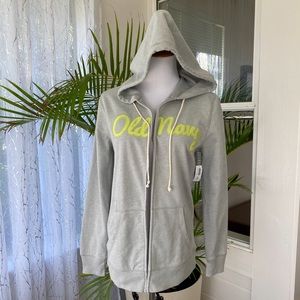 NWT Old Navy Front Zip Up Gray Hoodie Neon Green Logo Front pockets Medium M
